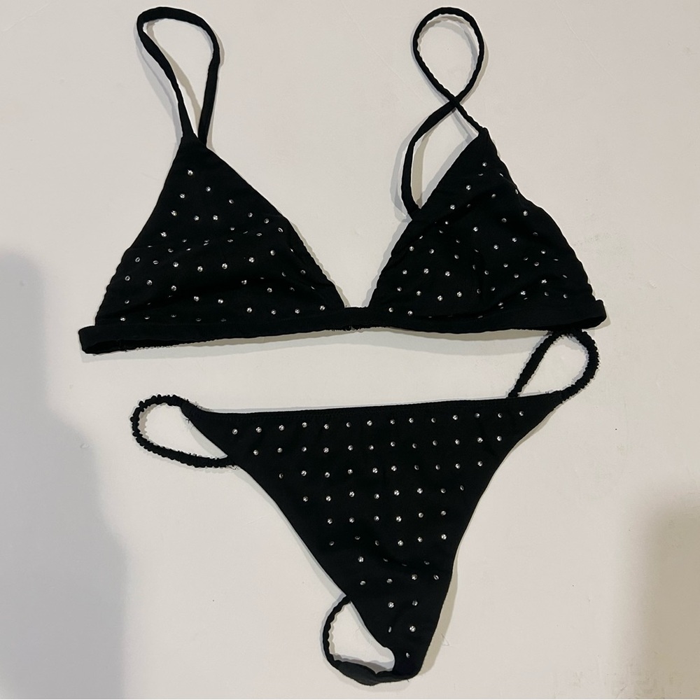 Fleur du Mal Black Studded Bikini Set G-String Thong Size Medium